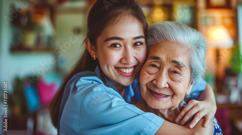 Tender Care: Young Nurse with Elderly Patient Sharing a Warm Hug
