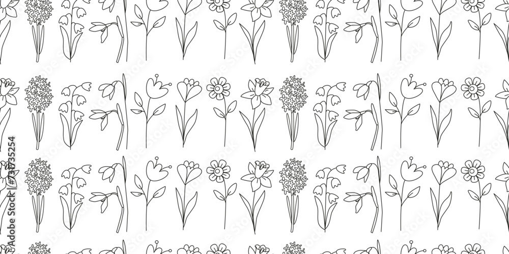 Linear spring floral seamless pattern. Botanical drawing. Woman's day, mother's day, wedding. Line art. Coloring book. Background, digital paper.