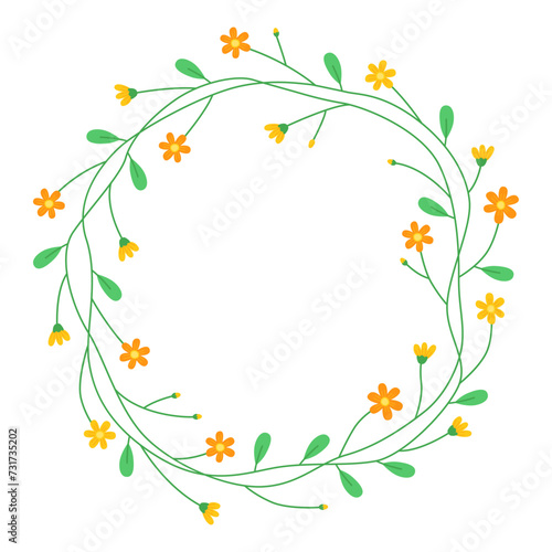 Floral round frame with small yellow flowers. Elegant spring wreath. Meadow flowers. Spring and summer plants. Botanical decor for design, card. Design for 8 march, easter. 