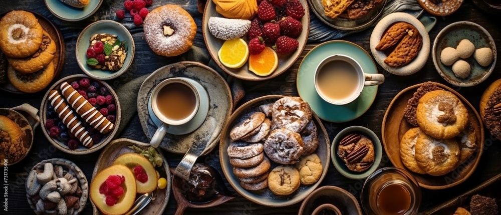 AI generated illustration of a healthy and balanced breakfast spread - obrazy, fototapety, plakaty 