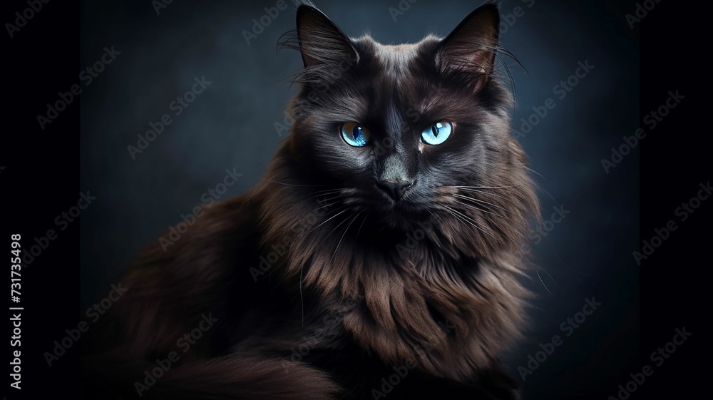 AI generated illustration of a black cat with stunning blue eyes stares