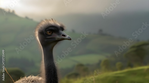 AI generated illustration of a flightless ostrich standing on a hill overlooking the rocky mountains