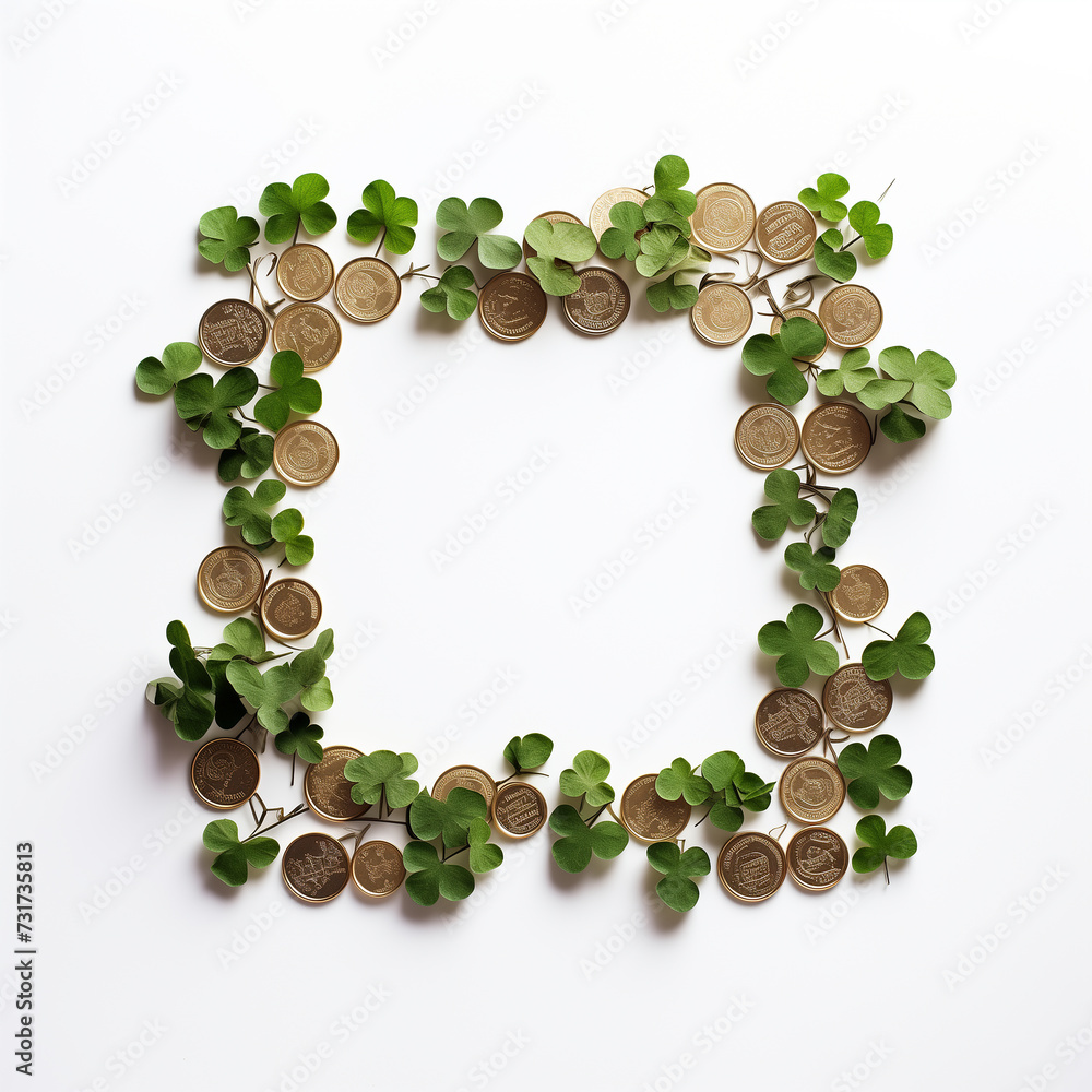 Green clover and gold coins in frame shape on white background Green clover and gold coins in frame shape on white background
