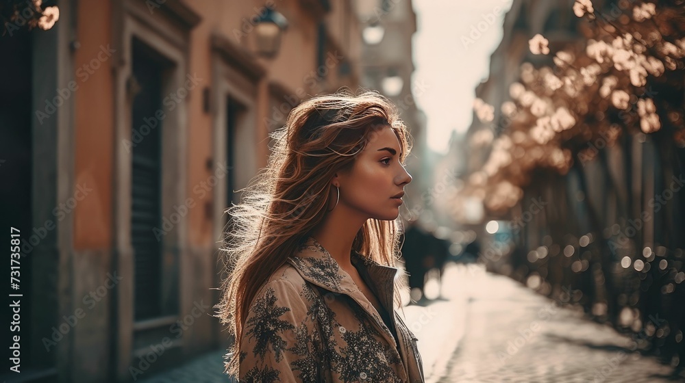 AI-generated illustration of a beautiful young woman standing on a street.