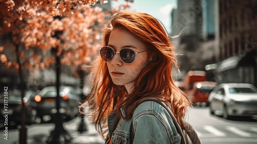 AI-generated illustration of a young red-haired woman wearing sunglasses.