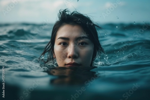 AI-generated illustration of A young female with long brown hair stands in the middle of the ocean