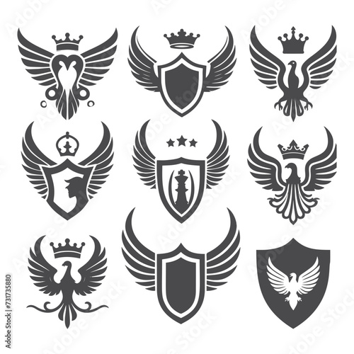 heraldic shield wings logo set 