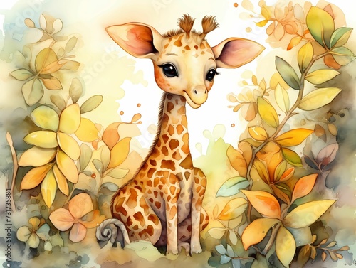 AI generated illustration of a watercolor painting of a giraffe standing in a lush meadow