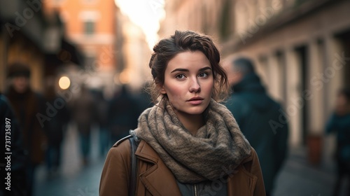 AI-generated illustration of a young woman in the middle of a street, looking into the distance.