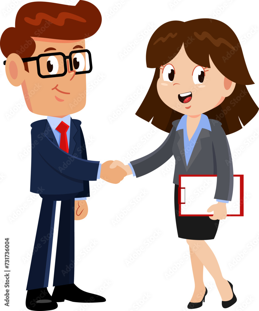 Business Man And Woman Cartoon Characters Shaking Hands At Meeting. Vector Illustration Flat Design Isolated On Transparent Background Business Man And Woman Cartoon Characters Shaking Hands At Meeting. Vector Illustration Flat Design Isolated On Transparent Background