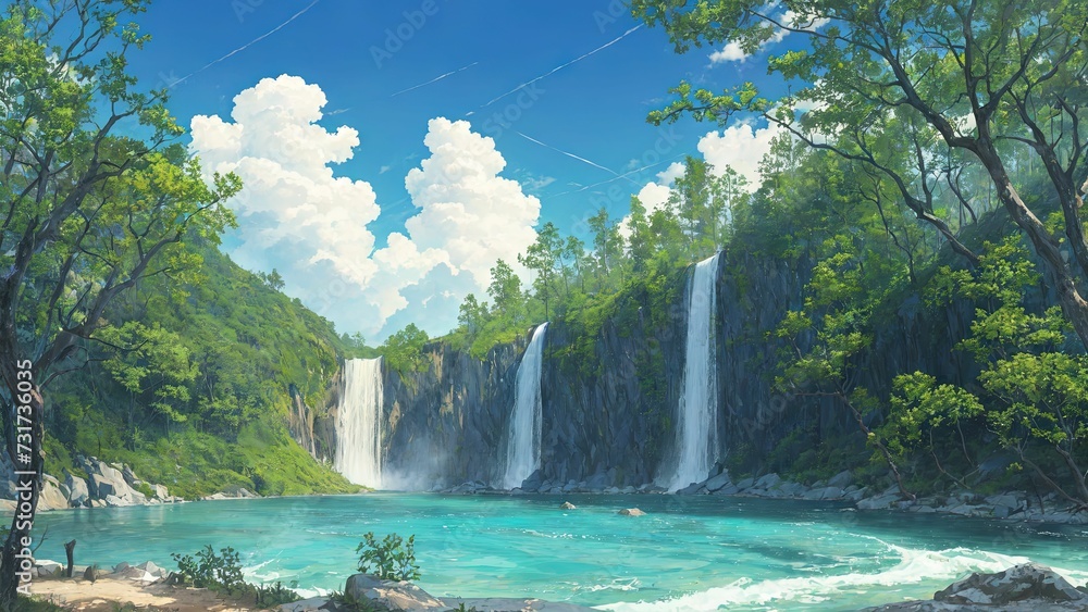 AI generated illustration of a majestic waterfall cascading down into a tranquil green pond below
