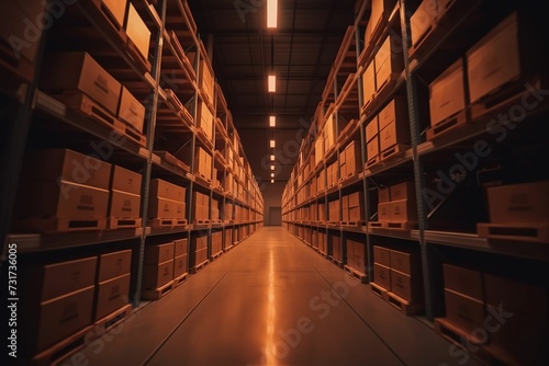 AI generated illustration of an empty warehouse with rows of stacked boxes organized on the shelves