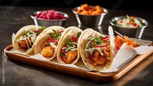AI generated image of fish tacos with fresh toppings and tangy sauce