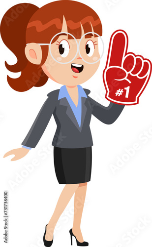 Business Woman Cartoon Character Showing Number One With Foam Finger. Vector Illustration Flat Design Isolated On Transparent Background