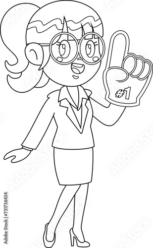 Outlined Business Woman Cartoon Character Showing Number One With Foam Finger. Vector Hand Drawn Illustration Isolated On Transparent Background
