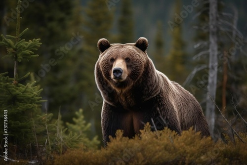 AI generated illustration of a majestic brown bear in a forest