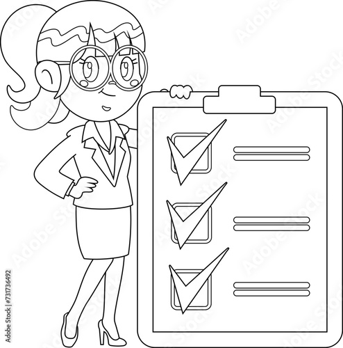 Outlined Smiling Business Woman Cartoon Character Holding A Big Clipboard. Vector Hand Drawn Illustration Isolated On Transparent Background