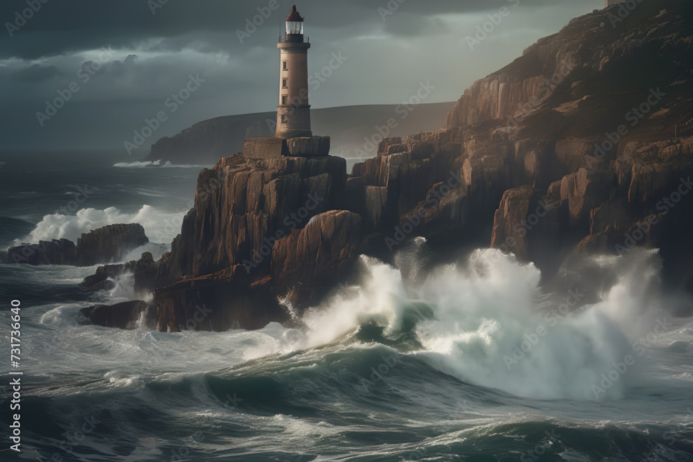 AI generated illustration of a lighthouse on a rocky outcrop in the midst of dark and tranquil ocean