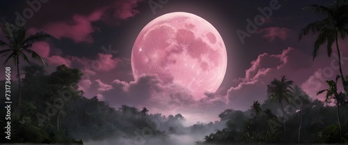 round moon over the jungle, night pink natural sky, night clouds, night jungle