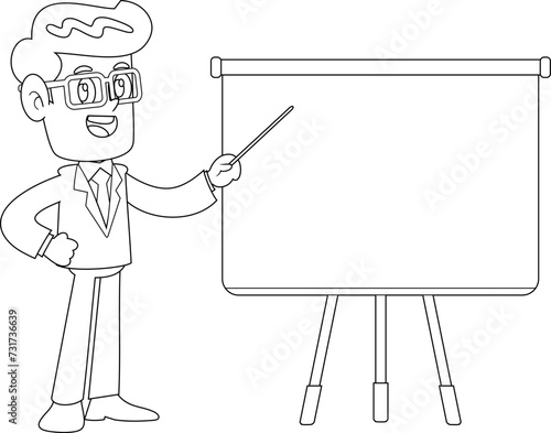 Outlined Businessman Cartoon Character Pointing On A Blank Board. Vector Hand Drawn Illustration Isolated On Transparent Background