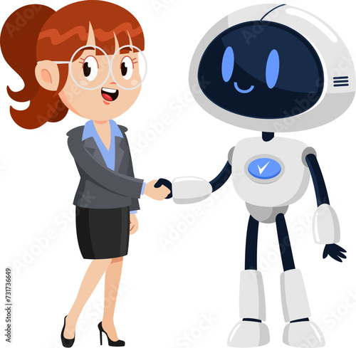 Business Woman And AI Robot Cartoon Characters Shaking Hands At Meeting. Vector Illustration Flat Design Isolated On Transparent Background