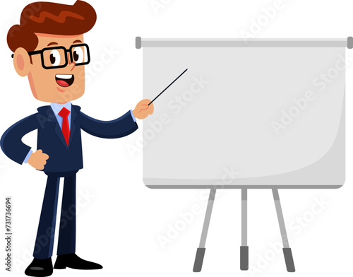 Businessman Cartoon Character Pointing On A Blank Board. Vector Illustration Flat Design Isolated On Transparent Background