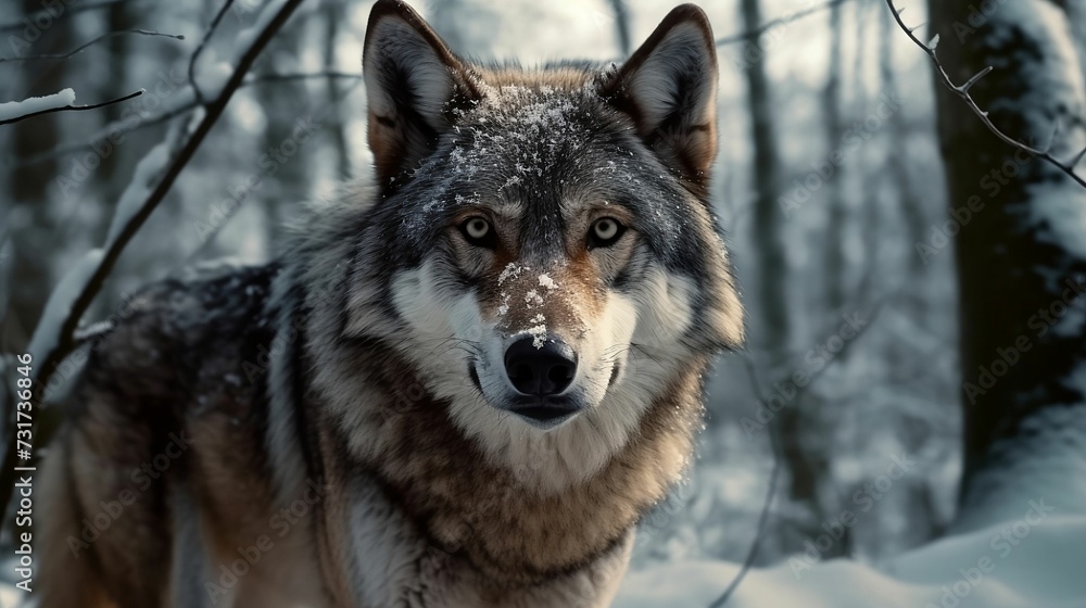 AI generated illustration of a majestic gray wolf  gazing directly into the camera in winter