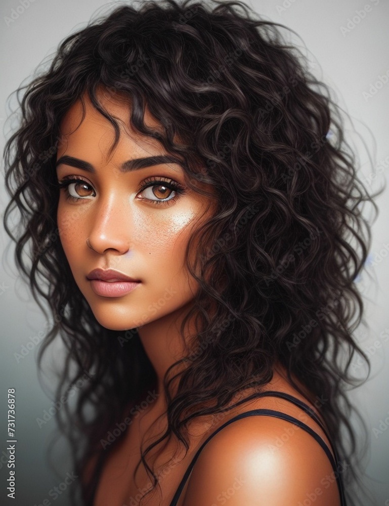 AI generated illustration of an attractive female with long curly hair and brown eyes AI generated illustration of an attractive female with long curly hair and brown eyes