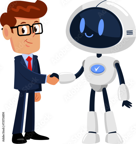 Businessman And AI Robot Cartoon Characters Shaking Hands At Meeting. Vector Illustration Flat Design Isolated On Transparent Background