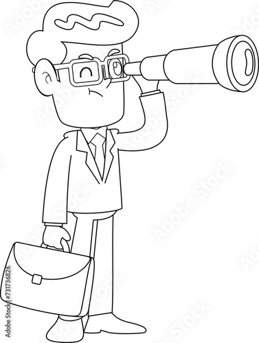 Outlined Businessman Cartoon Character With A Handheld Telescope. Vector Hand Drawn Illustration Isolated On Transparent Background