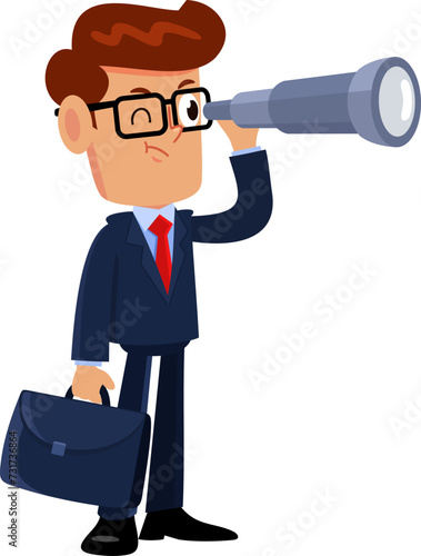 Businessman Cartoon Character With A Handheld Telescope. Vector Illustration Flat Design Isolated On Transparent Background