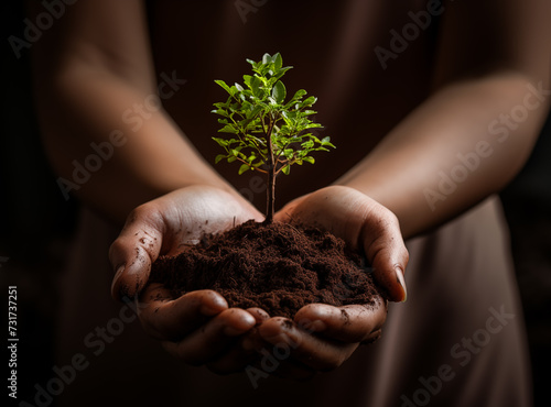 Female hands holding a small green tree © dkimages