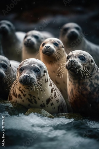 AI generated illustration of a group of sea lions swimming together in a pool