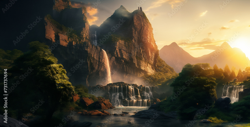 sunset over the mountains, sunset in the mountains, photograph of a mountain with a waterfall