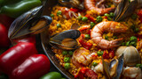 Seafood paella on a wooden table, close-up