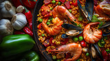 Seafood paella on a wooden table, close-up