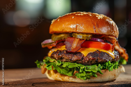 Cheese burger. American cheese burger with bacon, onion, tomato and lettuce
