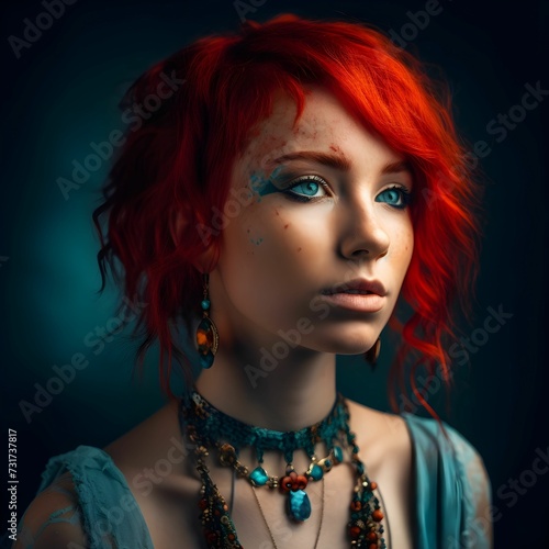 AI generated illustration of a confident young woman with red hair and unique jewelry