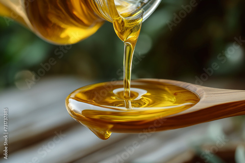 Olive oil pouring from a bottle into a wooden spoon closeup