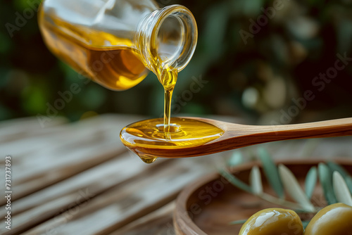 Olive oil pouring from a bottle into a wooden spoon closeup