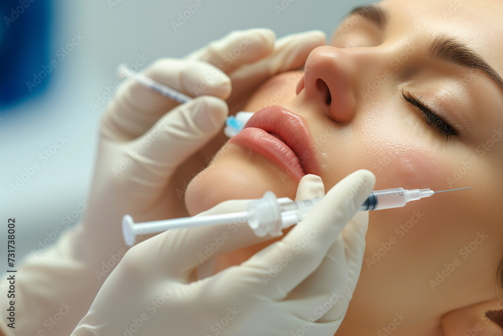 Beautiful young woman getting botox injection in lips, closeup