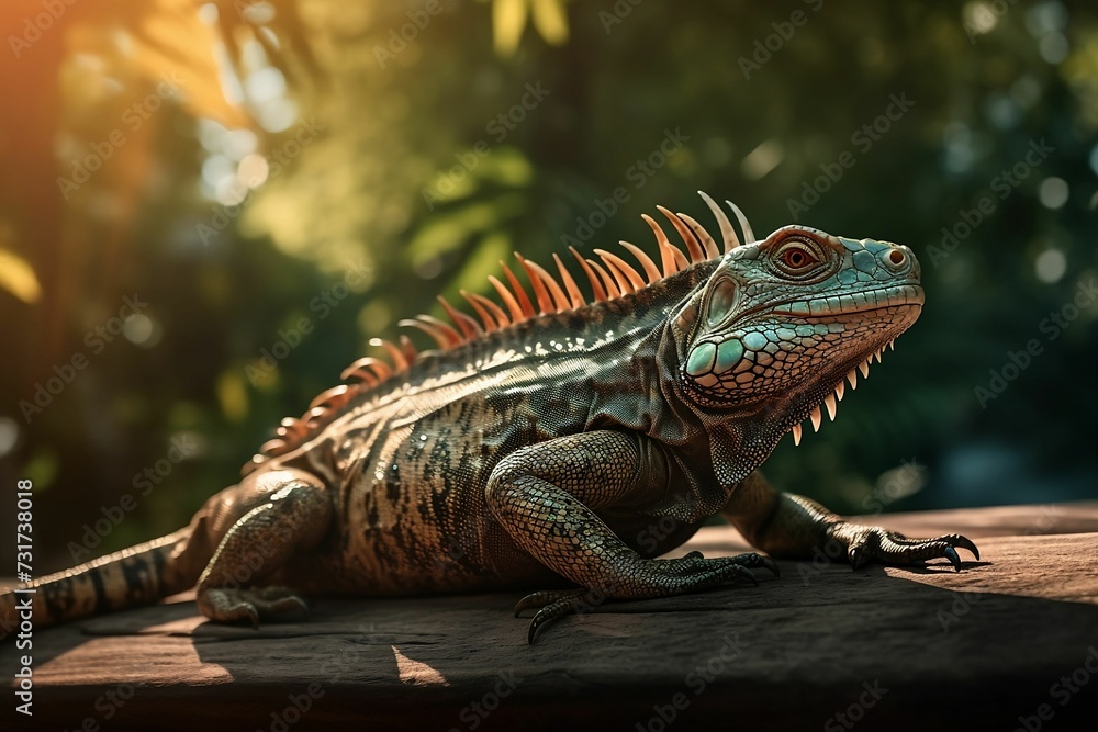 AI generated illustration of a green iguana sitting atop a wooden surface surrounded by lush foliage