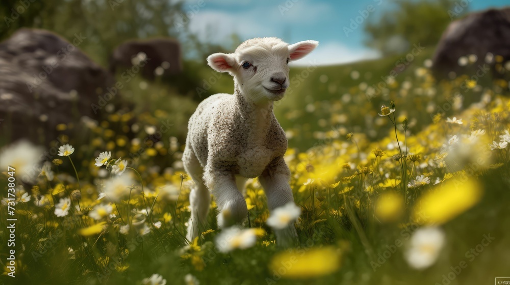 Fototapeta premium AI generated lamb in landscape of lush green grass