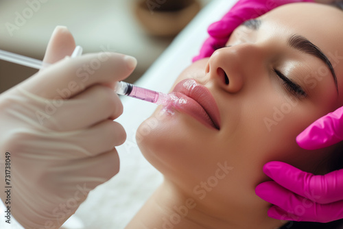 Beautiful young woman receiving hyaluronic acid cosmetic injection on her lips in a beauty salon