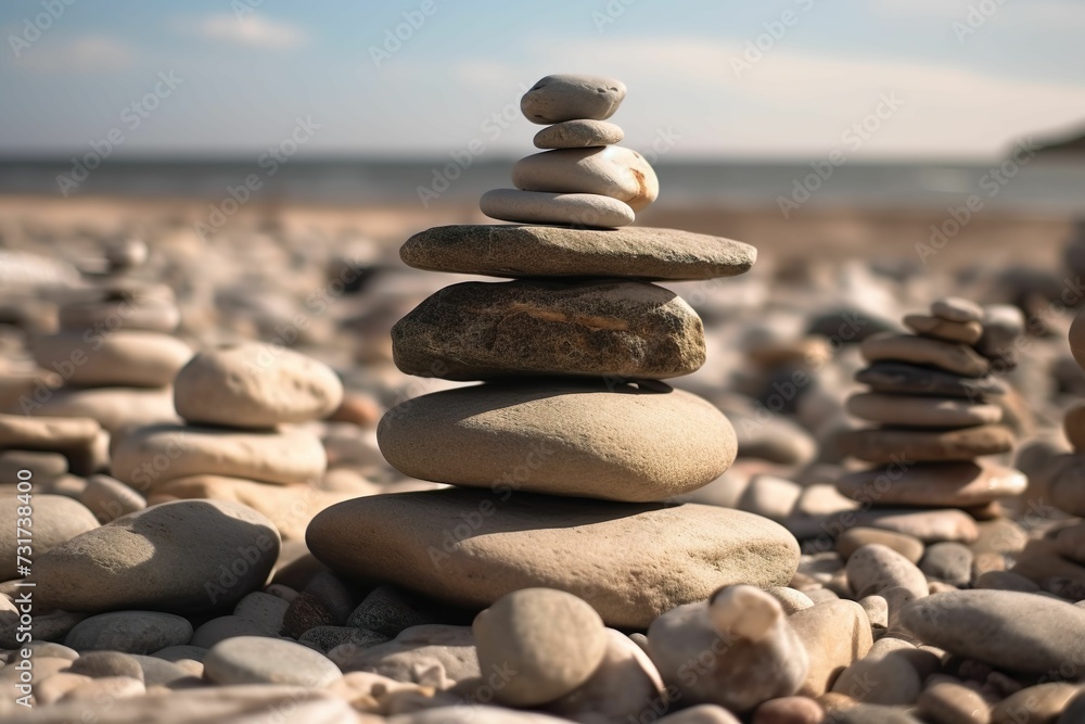 AI generated illustration of an arrangement of stones stacked on top of each other on rocks