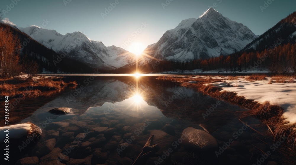 AI generated illustration of a majestic mountain landscape featuring a tranquil lake and snow