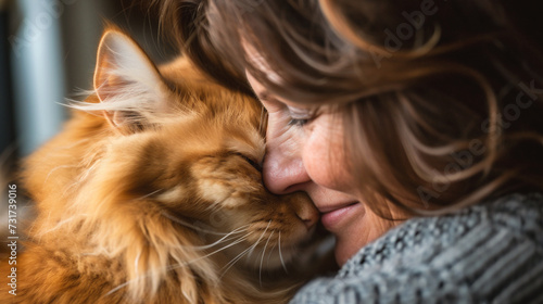 Close-up portrait of a woman kissing a cat at home.
