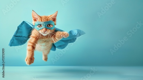 superhero cat, Cute orange tabby kitty with a blue cloak and mask jumping and flying on light blue background with copy space. The concept of a superhero, super cat, leader, funny animal studio shot © Jennifer