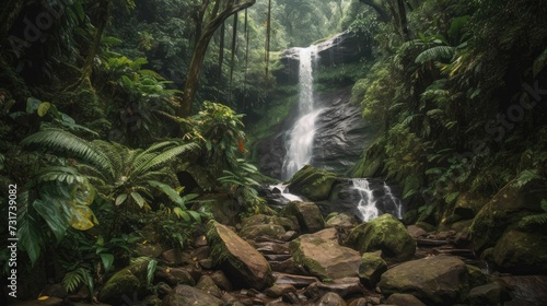 AI generated illustration of a waterfall cascading through a lush, green jungle landscape