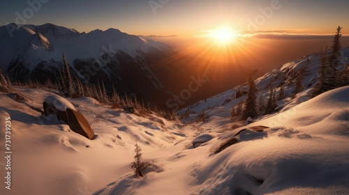 AI generated illustration of a winter landscape with snow-capped mountain illuminated by the sunset